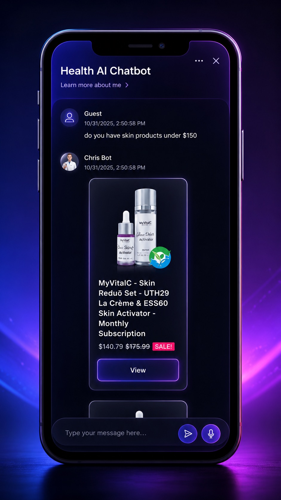 A NOEM chat recommending a Shopify product to a shopper on mobile