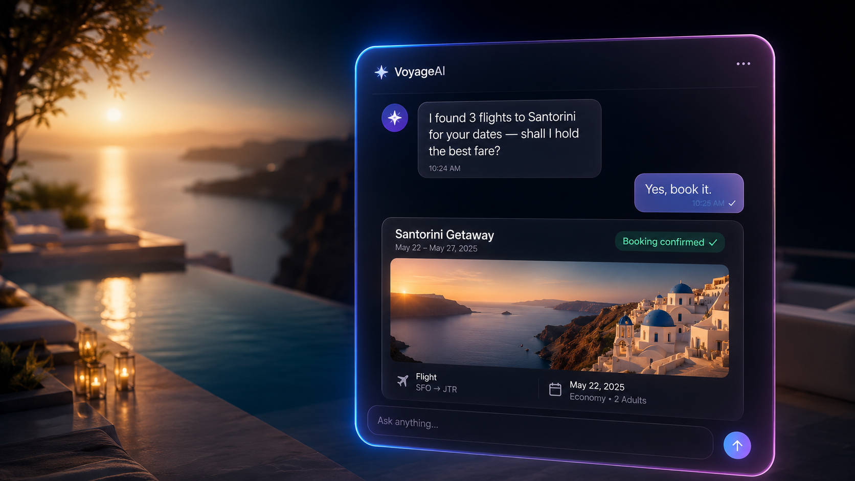 NOEM.ai travel AI chatbot confirming a Santorini booking with a traveler in real time