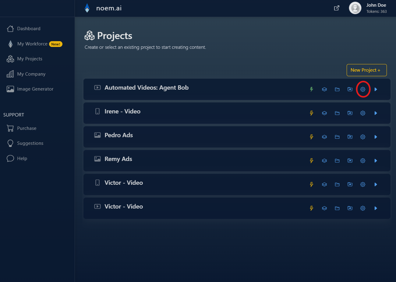Project Settings – Project Toggle Menu - NOEM.AI - AI Chatbots Agents