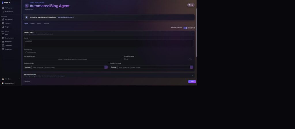 Blog Writer Config tab showing Theme and Voice settings