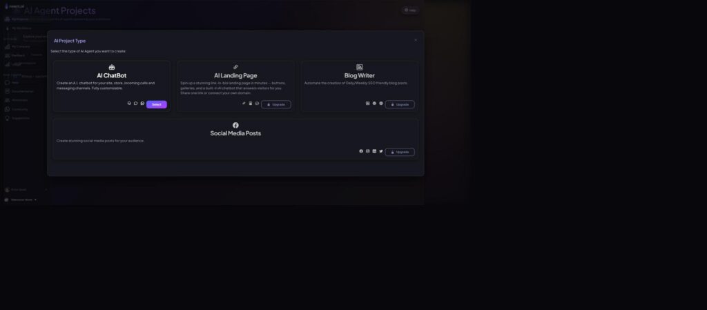 Blog Writer project type selection in the New AI Project menu