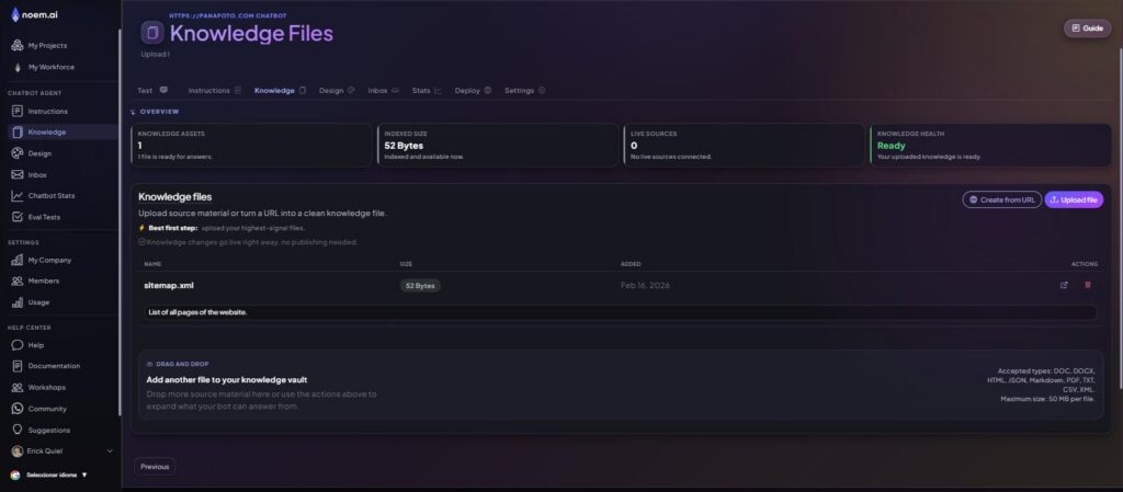 Knowledge tab in noem.ai showing the Knowledge files table with Name, Size, Added, and Actions columns