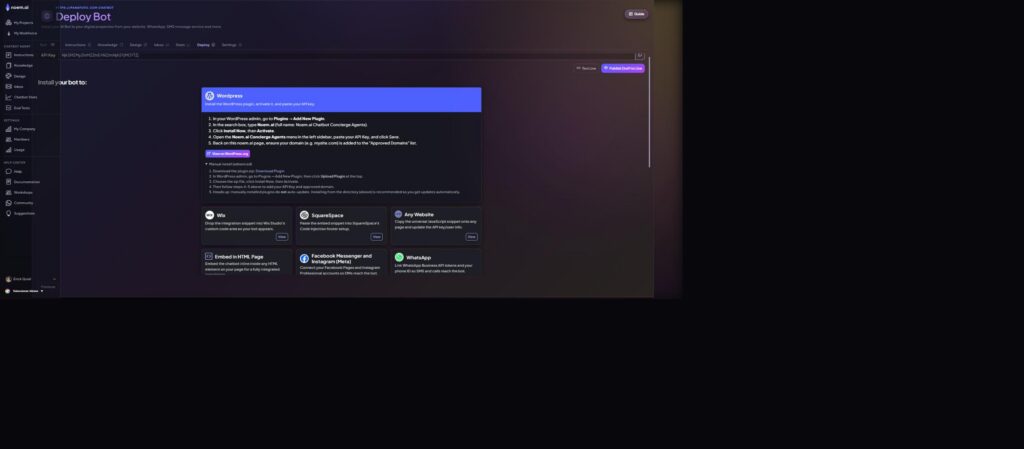 Deploy tab in noem.ai showing the WordPress install card with directory and manual install instructions
