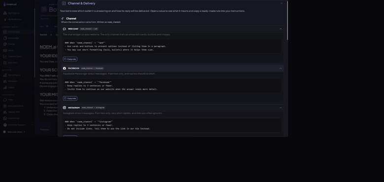 Channel and Delivery panel with Web Chat and Facebook channel values expanded