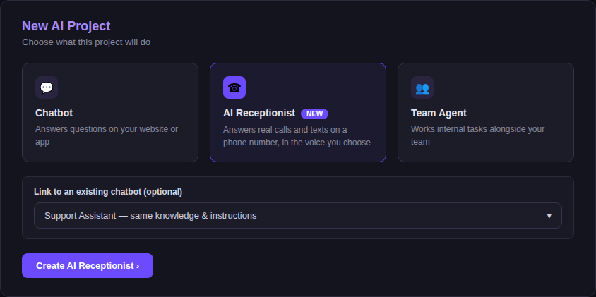 New AI Project dialog showing the AI Receptionist project type selected, with an option to link it to an existing chatbot