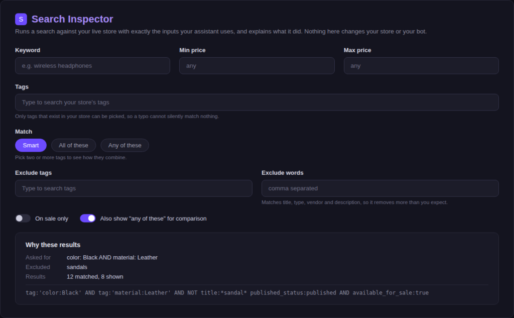 Search Inspector form showing the Keyword, price, Tags, Match, and Exclude fields, plus the Why these results panel with example data