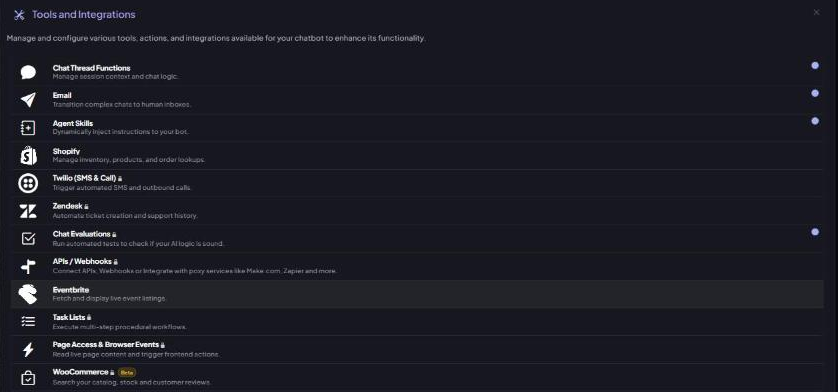 Tools and Integrations panel in the Bot Instructions editor, showing Shopify in the list of available tools