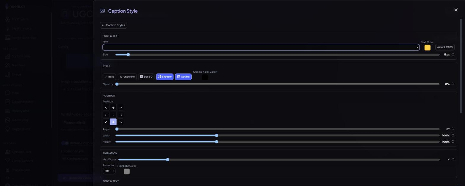 Font and Text section of the custom caption style editor with the Font dropdown open