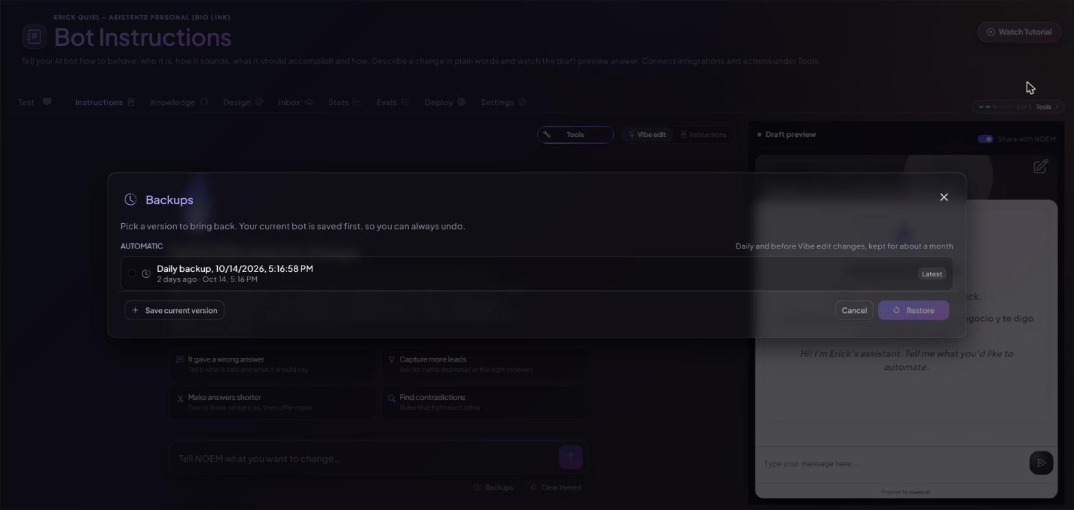 Backups picker in Vibe edit showing an automatic daily backup and the Save current version button